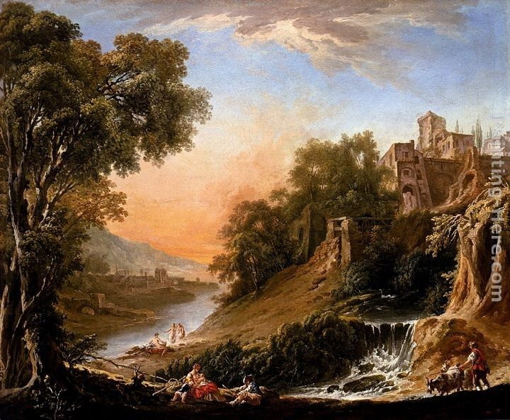 Nicolas-Jacques Juliard Figures Resting On The Banks Of A River, A Waterfall In The Foreground